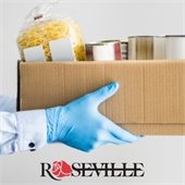 Image of a gloved hand extending a box of different (free) foods. 