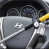 A Hyundai steering wheel with a steering wheel lock.