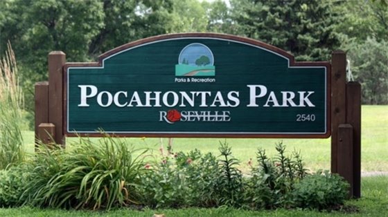 Pocahontas Park sign in Roseville.