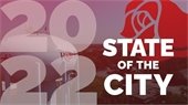 2022 State of the City, Roseville water tower and City Rose logo in the background.