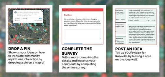 Join the Envision Roseville project! Drop a Pin, Complete the Survey, or Post an Idea.