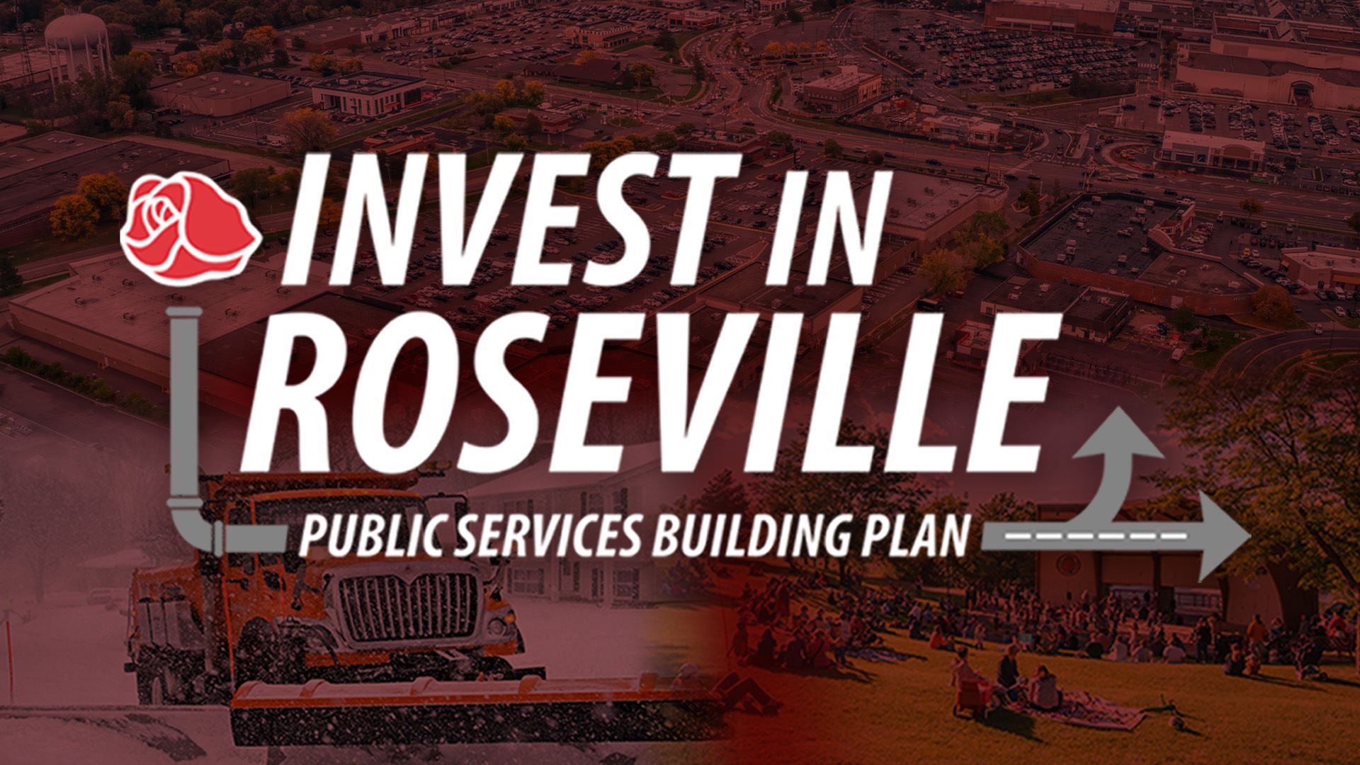 Invest in Roseville logo with drone photography in the background.