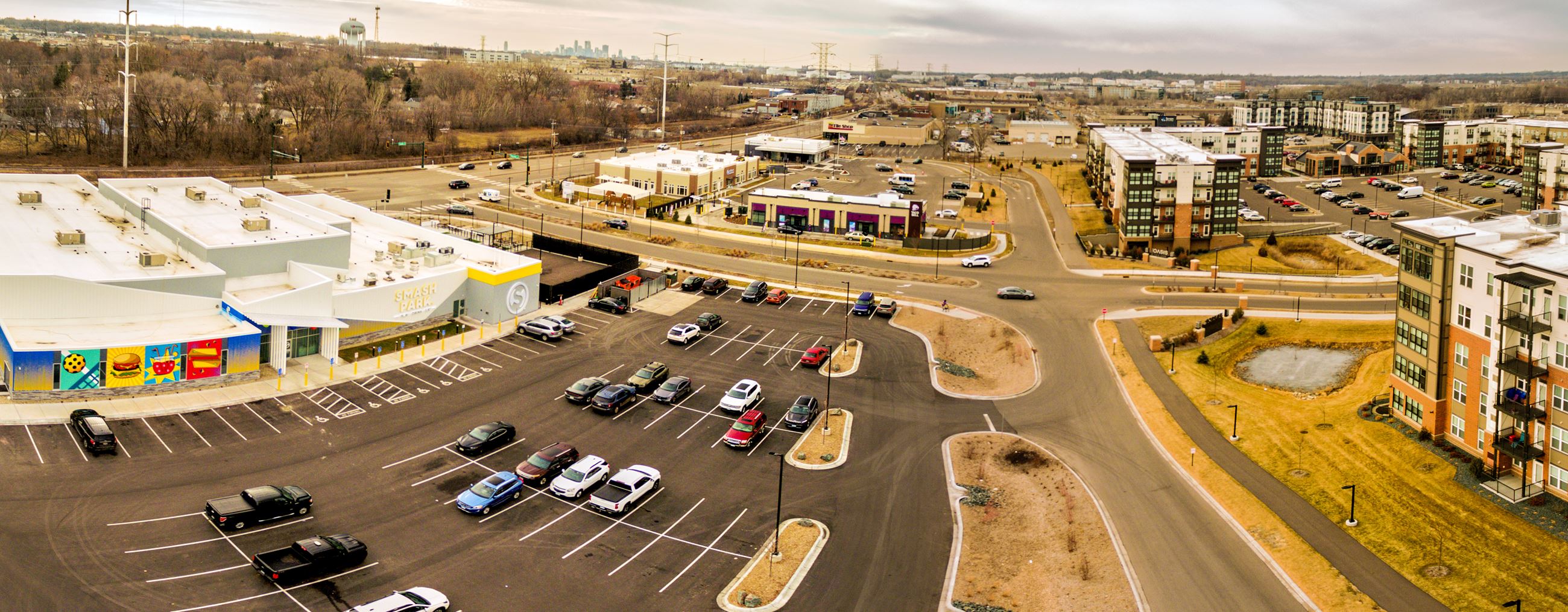 A drone photograph of the Twin Lakes development.