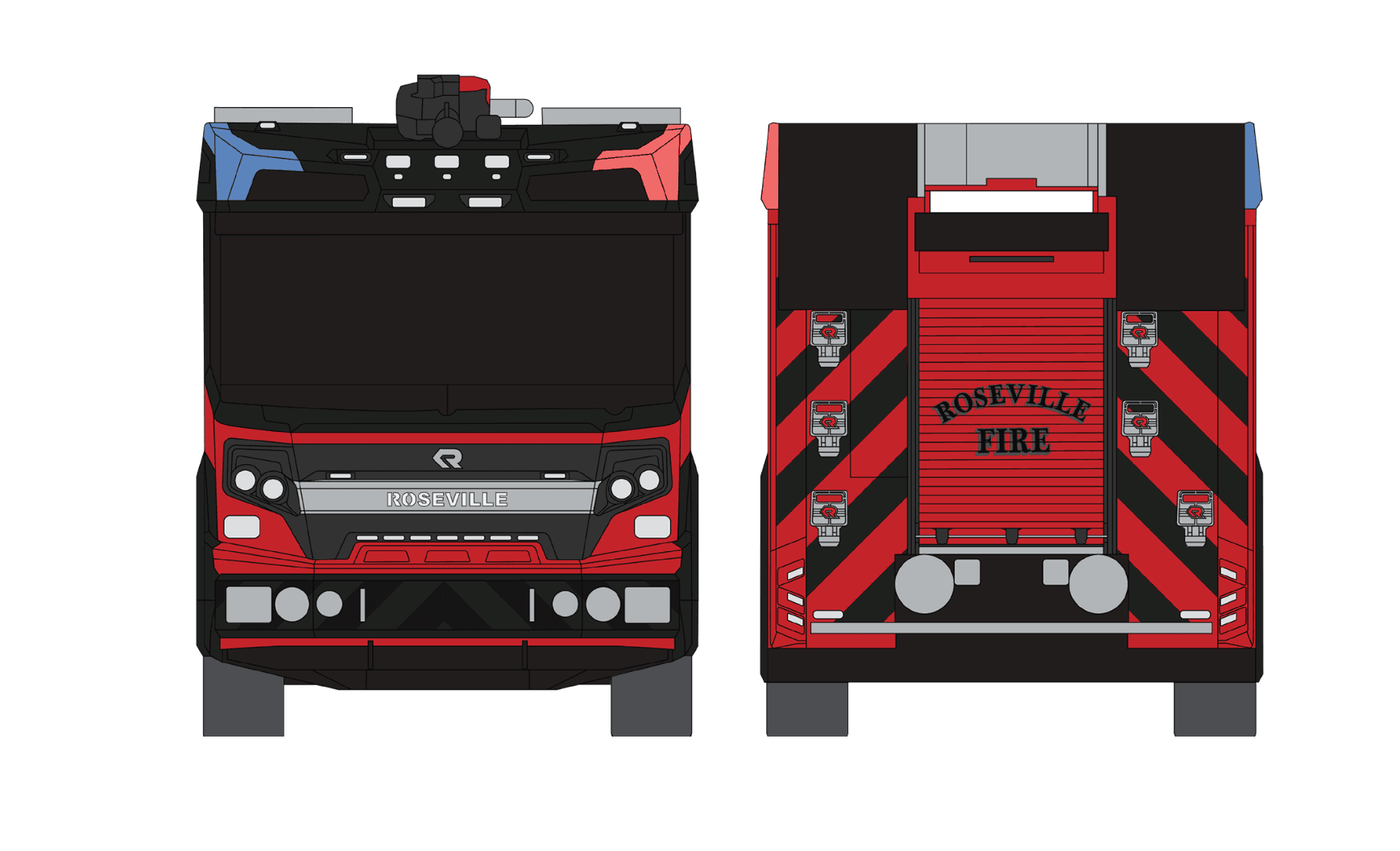 The front and back of the Rosenbauer Electric Fire Truck.