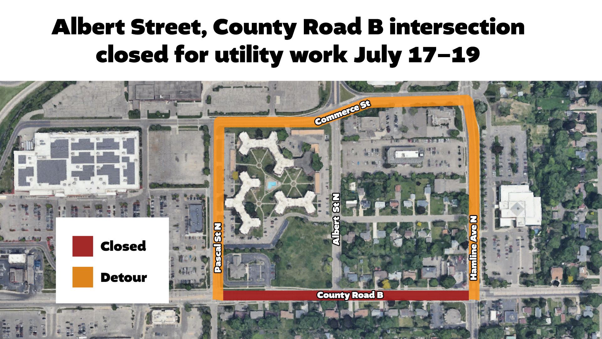Albert Street, County Road B intersection closed for utility work July 17–19