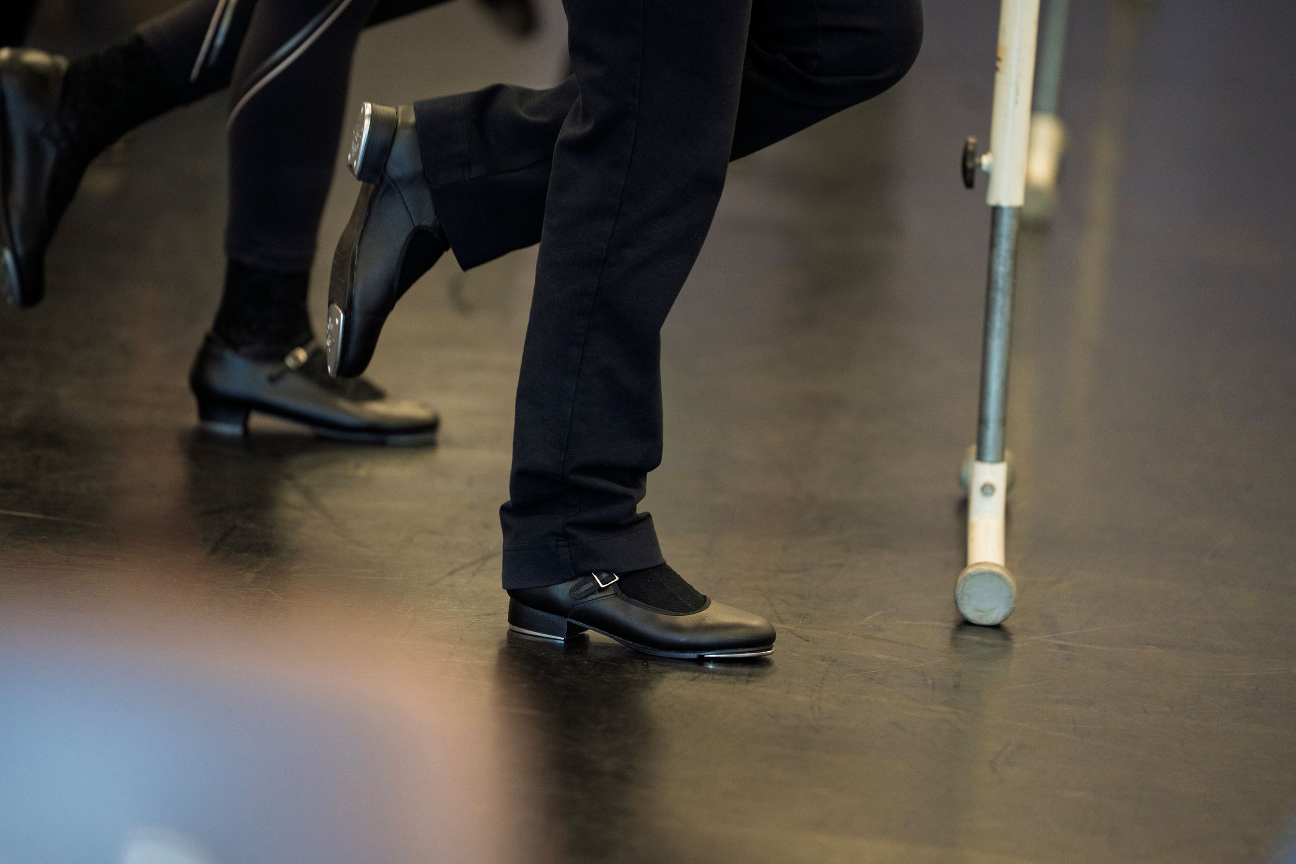 A close up of tap dancing shoes.